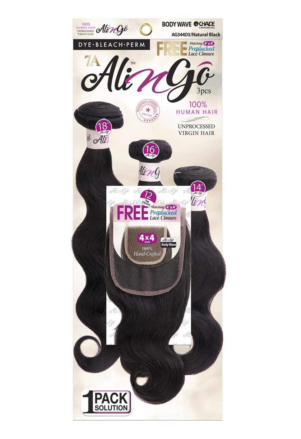 Ali N Go 7A 100% Unprocessed Virgin Human Hair 3PCS Bundle w/ 4x4 Lace Closure - BODY WAVE 20"+22"+24" (613)