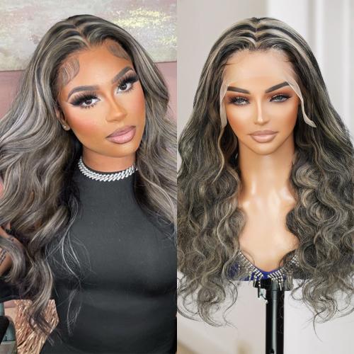 Highlight Grey Wig Human Hair Body Wave Lace Front Wig With Grey