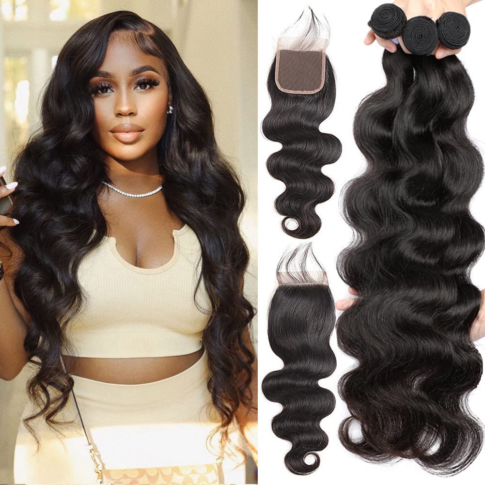 Human Hair Bundles with Closure 22 24 26 20 Free Part Body Wave Bundles with Lace Closure Brazilian Human Hair Weave Bundles with Closure Virgin